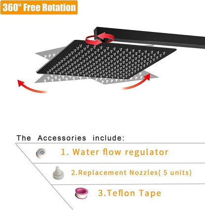 BESy 10 Inch Rain Shower Head, 10" Square Rainfall & High Pressure Stainless Steel Bath Showerhead, 1/16" Ultra Thin, Waterfall Full Body Coverage with Silicone Nozzle, Matte Black Finish