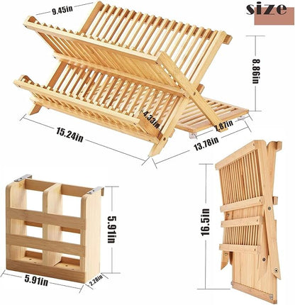 Bamboo Dish Drying Rack with Utensil Holder Set,3-Tier Collapsible Wood Dish Drying Rack for Kitchen,Folding Bamboo Drying Rack with Utensils Flatware Holder,Space-Saving Storage