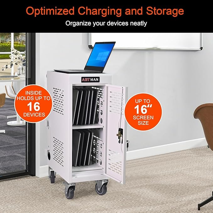 Aokleo 16 Devices Laptop Charging Cart,Tablet Storage Carts for pad Up to 16.3" Screen Size, Classroom Computer Mobile Charging Station for Pads, Chromebooks,Laptops, Security Storage(16 Bay-White)