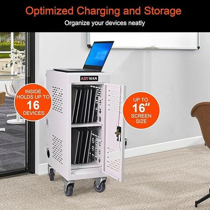 Aokleo 16 Devices Laptop Charging Cart,Tablet Storage Carts for pad Up to 16.3" Screen Size, Classroom Computer Mobile Charging Station for Pads, Chromebooks,Laptops, Security Storage(16 Bay-White)