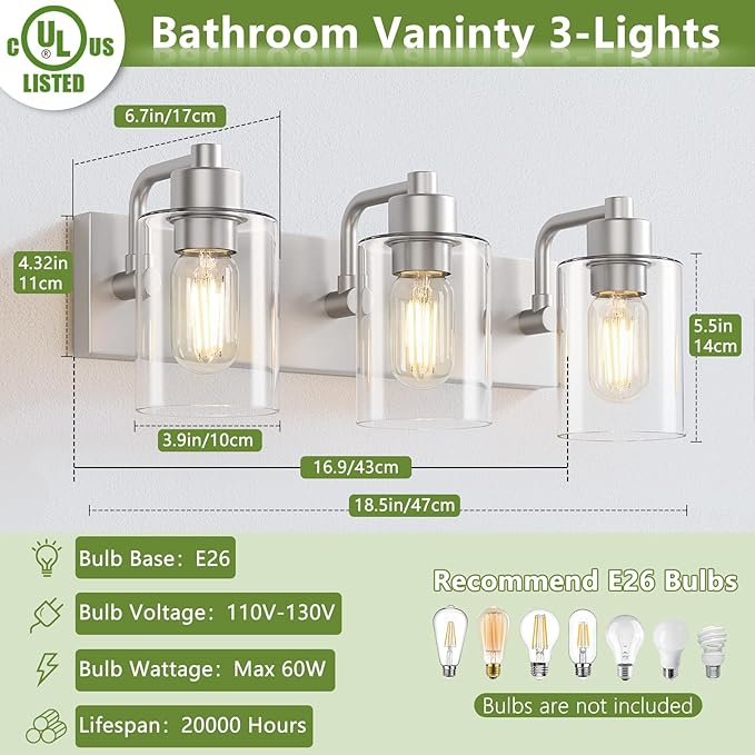 Brushed Nickel Bathroom Light Fixtures, Wall Mounted 3-Light Bathroom Lights Over Mirror with Clear Glass Shade,Wall Sconces for Kitchen Living Room Bedroom