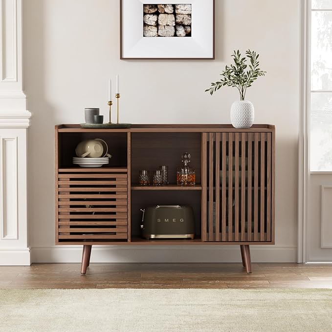 47.2" Buffet Cabinet with Storage, Mid-Century Sideboard Coffee Bar Cabinet with Sliding Door for Living Room, Dining Room, Kitchen, Hallway, Walnut