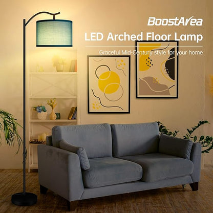 BoostArea Floor Lamp for Living Room,LED Arched Floor Lamp,Tall Modern Standing Lamp with Green Linen Shade,E26 Socket, Footswitch,Montage Mid Century Floor Lamp for Bedrooms,Office