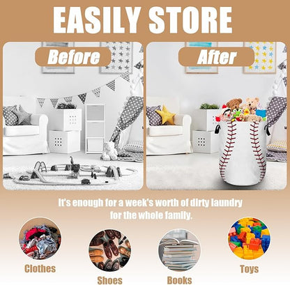 Baseball Laundry Basket, Foldable Waterproof Ball Laundry Hamper Tote Bag Dirty Clothes Storage Bucket Toy Organizer for Bathroom/Laundry/Bedroom 15.7"x19.6"