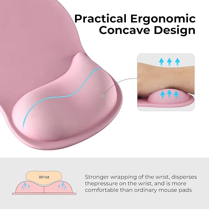 EooCoo Ergonomic Pink Mouse Pad with Gel Wrist Rest Support Middle Concave Design, Relieve Wrist Pain Mousepad, Wrist-Contoured Design for Carpal Tunnel Syndrome, Office Desk Accessories for Women