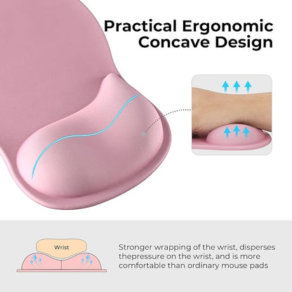 EooCoo Ergonomic Pink Mouse Pad with Gel Wrist Rest Support Middle Concave Design, Relieve Wrist Pain Mousepad, Wrist-Contoured Design for Carpal Tunnel Syndrome, Office Desk Accessories for Women