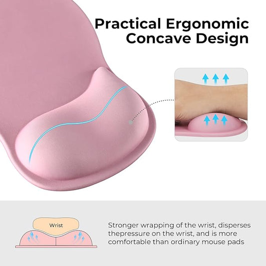 EooCoo Ergonomic Pink Mouse Pad with Gel Wrist Rest Support Middle Concave Design, Relieve Wrist Pain Mousepad, Wrist-Contoured Design for Carpal Tunnel Syndrome, Office Desk Accessories for Women