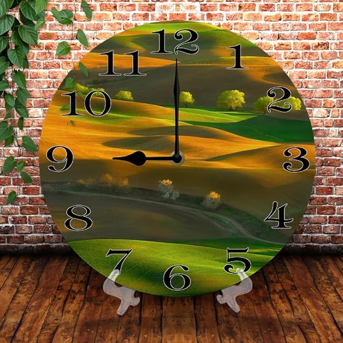 Lawn Scenery Wall Clock 10 Inch Silent Non Ticking Battery Operated Wooden Modern Office Simple Minimalist Clock Decorative for Kitchen Home Bathroom Living Room