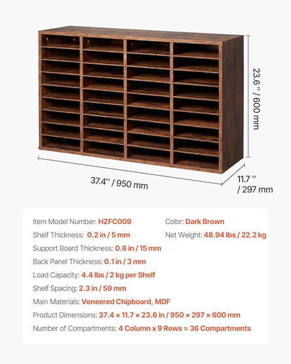 VEVOR Literature Organizer, 36 Compartments Office Mailbox with Removable Shelves, Wood Mailbox Sorter Particle Board Office Home Classroom Storage, File Sorter for File, Document, Paper, Dark Brown