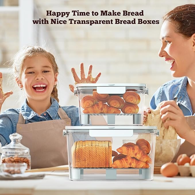Bread Box for Kitchen Countertop: 2 Pack Airtight Breadbox Food Storage Container, Portable Large Plastic Clear Container with Lid for Homemade Bread, Toast, Bagel, Donut, Cookies and Fruits