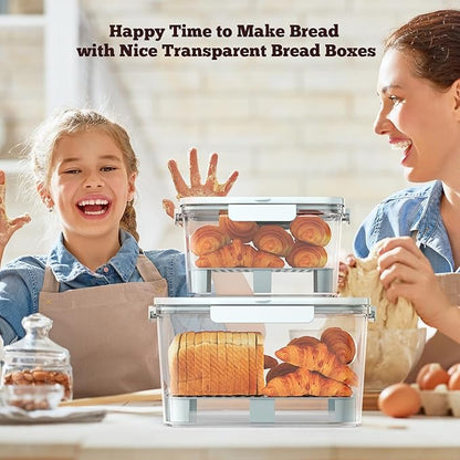 Bread Box for Kitchen Countertop: 2 Pack Airtight Breadbox Food Storage Container, Portable Large Plastic Clear Container with Lid for Homemade Bread, Toast, Bagel, Donut, Cookies and Fruits