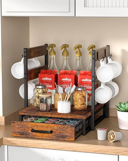 Evermagin K Cup Holder, 35 Pod Capacity, Coffee Pod Holder Compatible with Keurig, Coffee Station Organizer for Countertop with Cup Rack, Rustic Brown