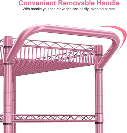 WDT Pink Rolling Utility Cart with Wheels, 990Lbs Heavy Duty Metal Cart with Handle & Shelf Liners, NSF Certified 3-Tier Storage Trolley for Esthetician, Kitchen, Salon & Craft Room, Pink