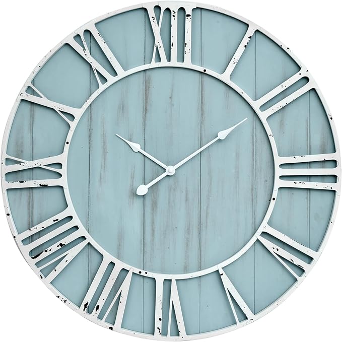 EMAX HOME Large Farmhouse Wall Clock 30 Inch Vintage Blue Wooden Wall Clock with Quiet Ticking and Minimalist Roman Numerals for Bedroom Living Room Office Kitchen Home Decor, Battery Operated