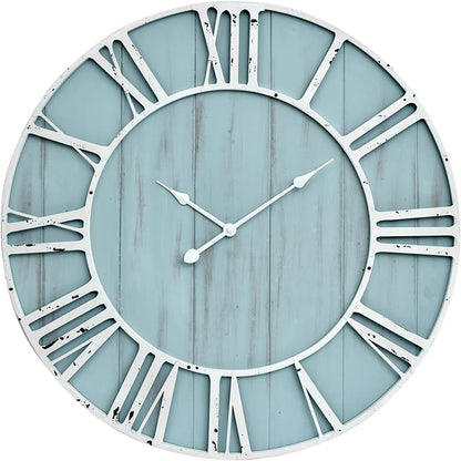 EMAX HOME Large Farmhouse Wall Clock 30 Inch Vintage Blue Wooden Wall Clock with Quiet Ticking and Minimalist Roman Numerals for Bedroom Living Room Office Kitchen Home Decor, Battery Operated