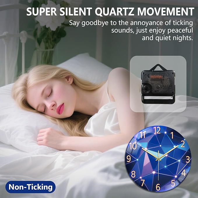 peacoblue Wall Clocks Battery Operated 12 Inch Light Geometric Pattern Glass Round Wall Clock Non Ticking for Kitchen Living Room Dining Room Bedroom and Bathroom Decor (Battery not Included)