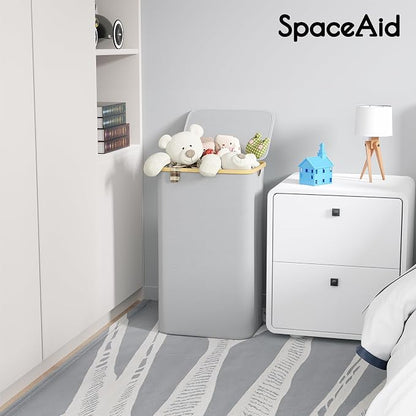 SpaceAid Laundry Hamper with Lid, 110L Large Tall Clothes Basket Bin with Bamboo Handles, Collapsible Laundry Hamper for Bedroom, Bathroom, Dorm, Laundry Room - Light Grey
