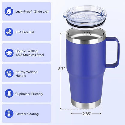 20oz Tumbler Bulk with Lid, Stainless Steel Tumbler Bulk with Handle, Metal Insulated Travel Coffee Mug Set with Handle, Double Wall Vacuum Leak Proof Tumbler Cup, Blue 6 Pack