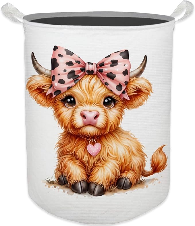 HKTZM Highland Cow Baby Nursery Laundry Basket, Toybox for Girls Room, Pink Leopard Bow Cow Laundry Basket Waterproof Collapsible Clothes Toys Storage Bin Organizer for Kids Room Playroom Bathroom