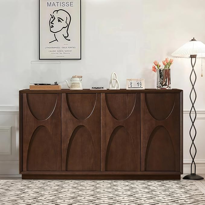 Sideboard Buffet Cabinet, Accent Storage Cabinet with 4 Doors and Adjustable Shelf, Farmhouse Mid Century Modern Buffet Sideboard for Living Room, Kitchen, Entry (Walnut)
