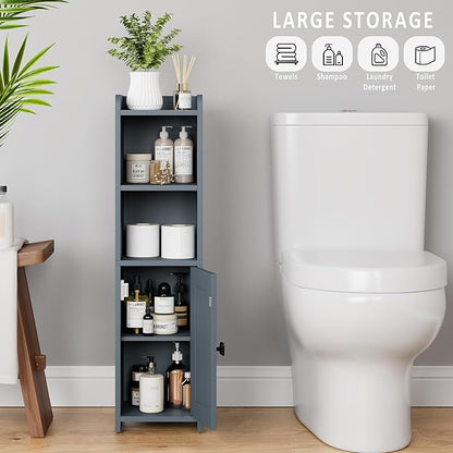 Lomojo Small Bathroom Storage Cabinet Corner, Freestanding Narrow Bathroom Toilet Paper Organizers for Small Spaces Floor Cabinet with Adjustable Shelves (Gray)