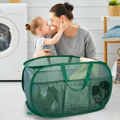 2 Pack Collapsible Laundry Baskets, Upgrade Pop Up Laundry Hamper with Convenient Bags, Foldable Laundry Basket Mesh Light Weight, Easy to Carry Clothes Hampers for Laundry, Dorm, Toys, Travel Green
