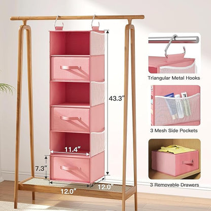 Pipishell Hanging Closet Organizer 6-Shelf, Hanging Shelves for Closet with 3 Removable Drawers & Side Pockets for Bedroom, Garment Rack and Wardrobe Organization, 12' x 12' x 43.3', Pink