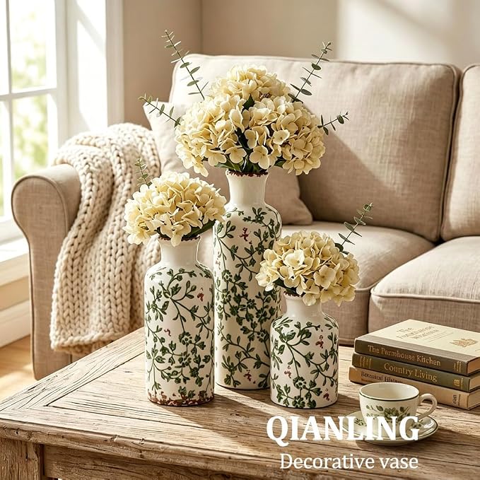 Green Ceramic Vase Set - 3 Chinoiserie Green Floral Vases, Farmhouse Country Flower Vase Home Decor, Living Room Decoration, Table Decoration, Fireplace Decor, and Entrance Decorations Centerpiece