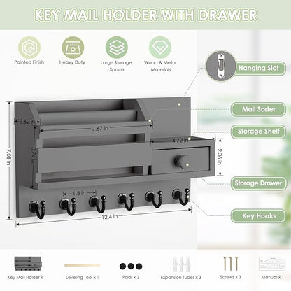 VIS'V Key Holder Wall Mount, Wooden Mail and Key Organizer with Drawer and Shelf, 2 Slots, 6 Hooks, Grey