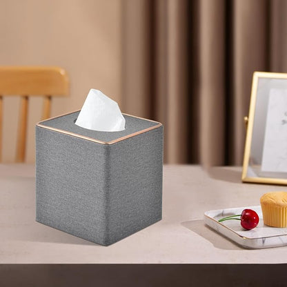 RHCSZ Linen Square Tissue Box Holder Cube Tissue Box Cover－Rosegold Leather Recorate,Napkin Holder Case Dispenser, Tissue Holders with Magnetic Bottom for Home Office Car Hotel Restaurant,Grey