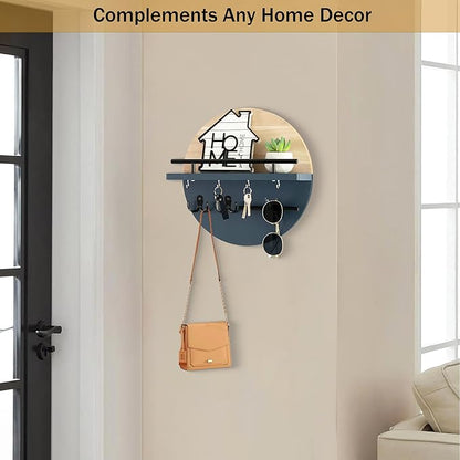 Key Holder for Wall Decorative with Shelf and Hooks, Mail Organizer Wall Mount with Sunglasses Holder, Circular Design Entryway Key Rack Hanger, Rustic Home Decor