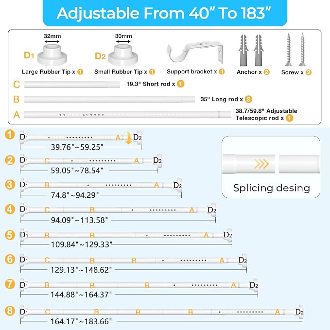 MEXAU White Tension Curtain Rod 40-183 Inch Long Tension Rod 1.26" Spring Tension Curtain Rod Adjustable Curtain Rods No Drilling Tension Shower Rod Curtain Tension Rod for Bathroom Windows Doorways