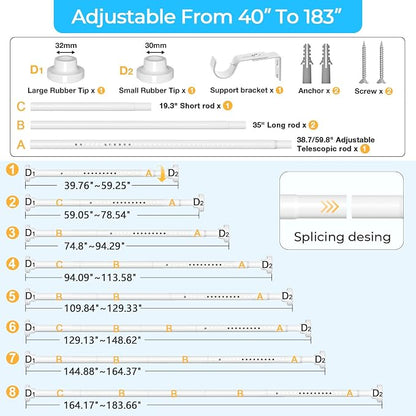 MEXAU White Tension Curtain Rod 40-183 Inch Long Tension Rod 1.26" Spring Tension Curtain Rod Adjustable Curtain Rods No Drilling Tension Shower Rod Curtain Tension Rod for Bathroom Windows Doorways