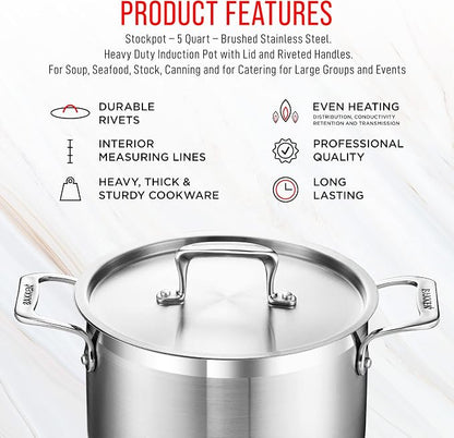 Stainless Steel Stockpot with Lid 5 Quart, Durable 18/8 Stainless Steel, Impact-Bonded Base for Even Heating, Riveted Handles, Oven & All Stove Compatible, Safe Up To 500°F (260°C)