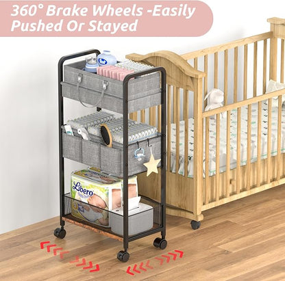 LIDTOP 2In1 Baby Diaper Caddy & 3-Tier Rolling Diaper Cart, Diaper Caddy Organizer Cart with Dividers, Mobile Metal Utility Cart for Nursery Essentials, Detachable Bedside Cart, Large Capacity