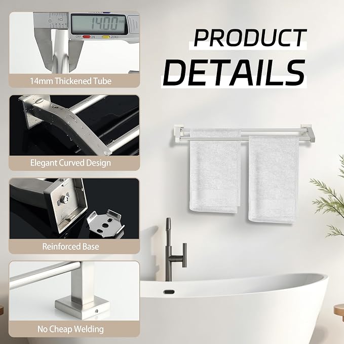 Alise Double Towel Bar, 24 Inch Towel Rack for Bathroom Wall Mounted, SUS304 Stainless Steel Bathroom Towel Holder Joining Process Towel Rail for Bathroom, Brushed Nickel