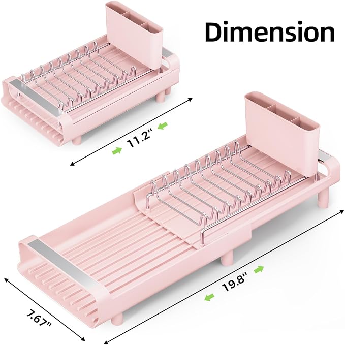 TOOLF Small Dish Drying Rack, Mini Expandable Compact Dish Rack, Slim Extendable Stainless Steel Dish Drainer for Kitchen Plate Storage, Space Saving Dish Strainer in Sink or on Home Countertop, Pink