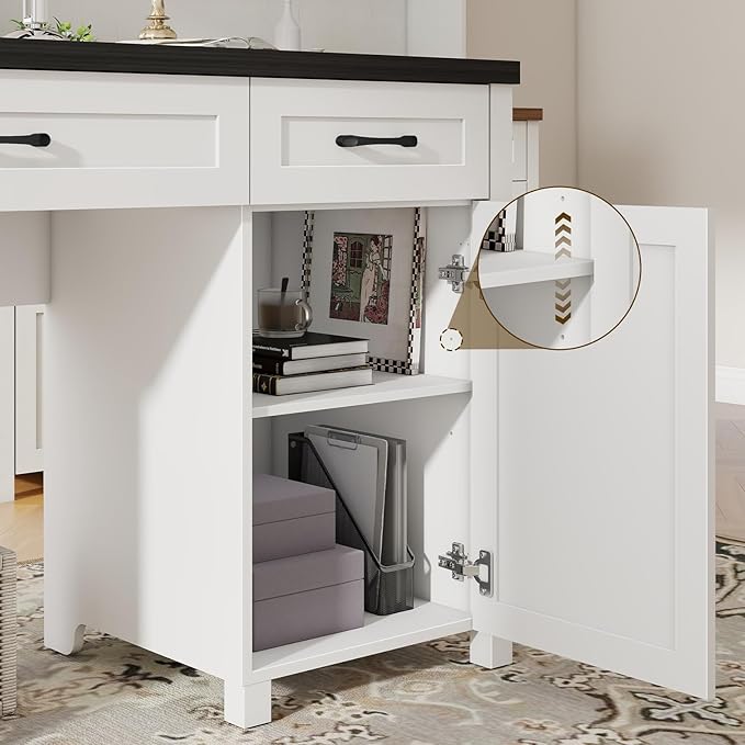 Vabches Farmhouse 61'' Executive Desk with 5 Drawers, Rustic Office Desk Computer Desk with Charging Station, File Drawers and Storage Cabinet, Wood Workstation for Home Office and Study.(Black Top)