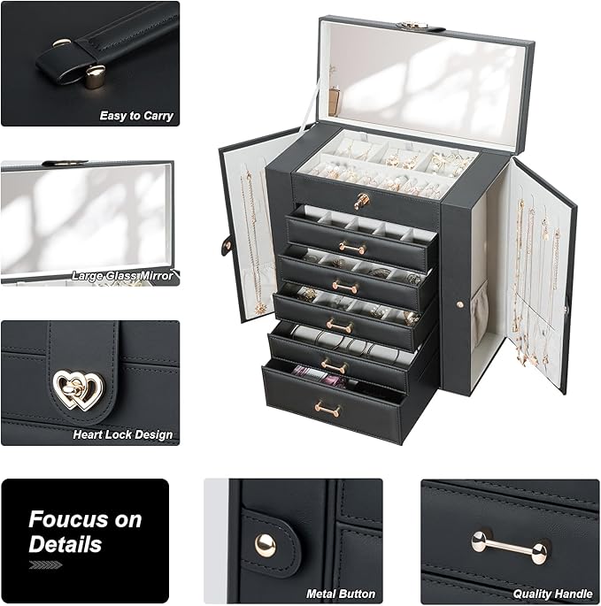 Large Jewelry Box,Jewelry Organizer Box with 5 Drawers,6-Tier Jewelry Holder Organizers Jewelry Storage Case with Mirror,Jewelry Boxes for Women (Black)