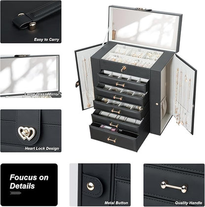 Large Jewelry Box,Jewelry Organizer Box with 5 Drawers,6-Tier Jewelry Holder Organizers Jewelry Storage Case with Mirror,Jewelry Boxes for Women (Black)