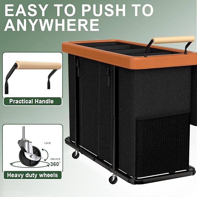300L (70 Gal) Extra Large Fashion Laundry Sorter 4 Section with Lid, Rolling Basket Hamper with Handle, Organizer Storage Cart with Sturdy Metal Frame for Laundry Room (Black-4 Section, 300L)