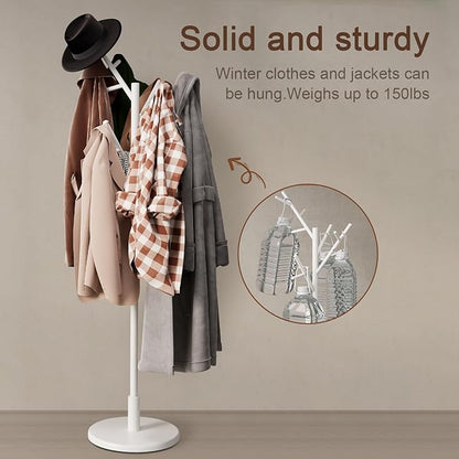 Coat Rack, Solid Wood Coat Rack Freestanding with 12 Hooks, Coat tree freestanding 3 Adjustable Heights for coat, Hats, Handbags，Coat Stand for Entryway,Bedroom (White)