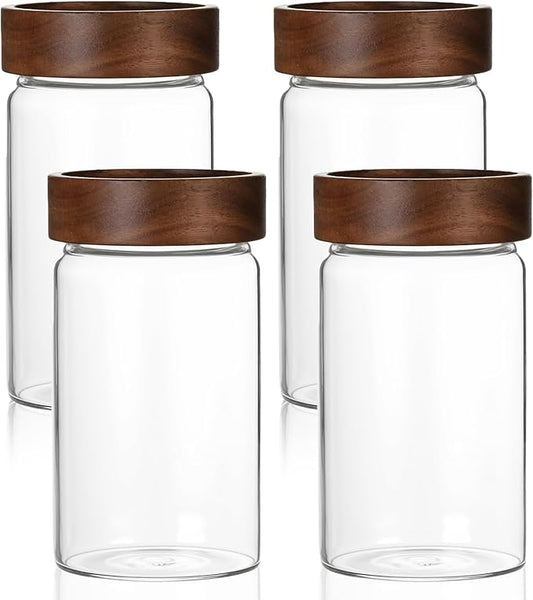 26 oz/850 ml Clear Glass Storage Canister with Airtight Wooden Lid, Small Overnight Oats Containers, Cute Decorative Salad Jar for Snacks Yogurt Spice Sugar Cereal Fruit Coffee Tea -4 Pack