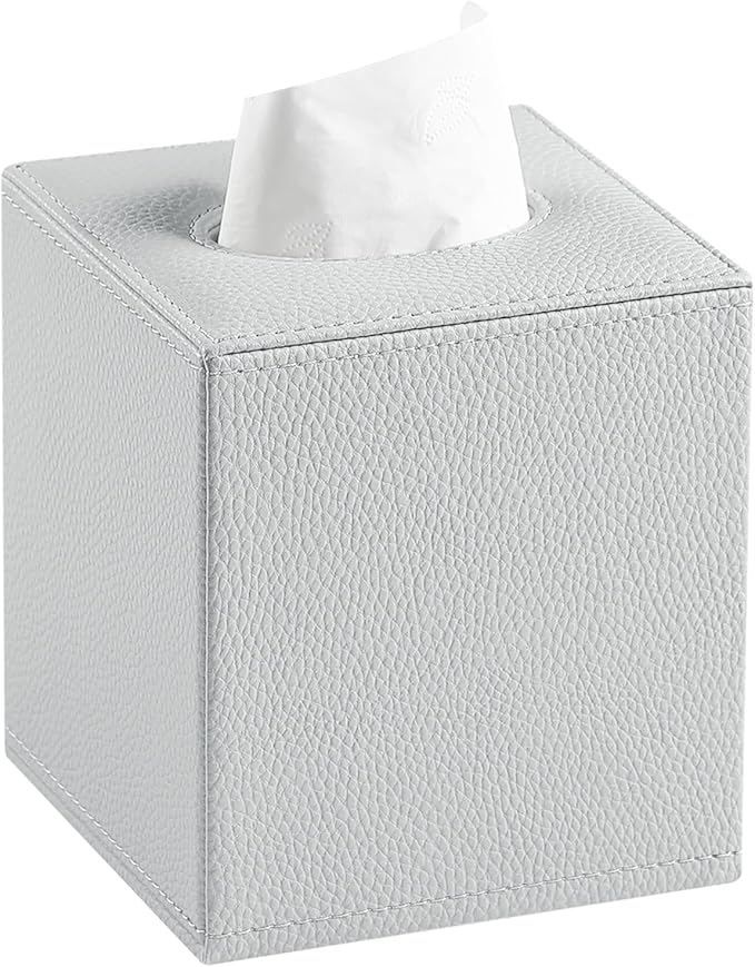 JLAMBOM PU Leather Tissue Box Cover Square Tissue Box Holder with Magnetic Closure, Decorative Tissue Holder for Bathroom Bedroom Office (Grey)