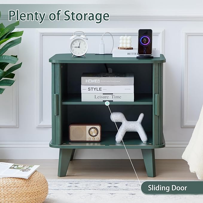 24" Large Fluted End Table with Charging Station, Farmhouse Sofa Side Table with Sliding Tambour Door & Storage, Curved Rustic Wood Nightstand for Living Room, Bedroom, Green