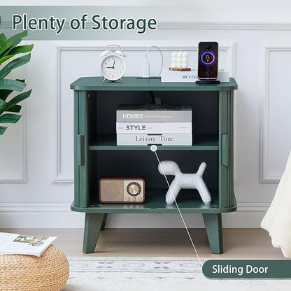 24" Large Fluted End Table with Charging Station, Farmhouse Sofa Side Table with Sliding Tambour Door & Storage, Curved Rustic Wood Nightstand for Living Room, Bedroom, Green