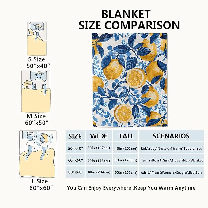 Lemon Blanket Fresh Citrus Fruit Throw Blankets with Blue Leaves,Birthday Gifts for Girls Boys Women & Food Lovers,Lightweight Soft Fleece,for Sofa Couch Bed Room Summer Decor 60x80in