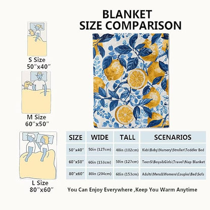 Lemon Blanket Fresh Citrus Fruit Throw Blankets with Blue Leaves,Birthday Gifts for Girls Boys Women & Food Lovers,Lightweight Soft Fleece,for Sofa Couch Bed Room Summer Decor 60x80in