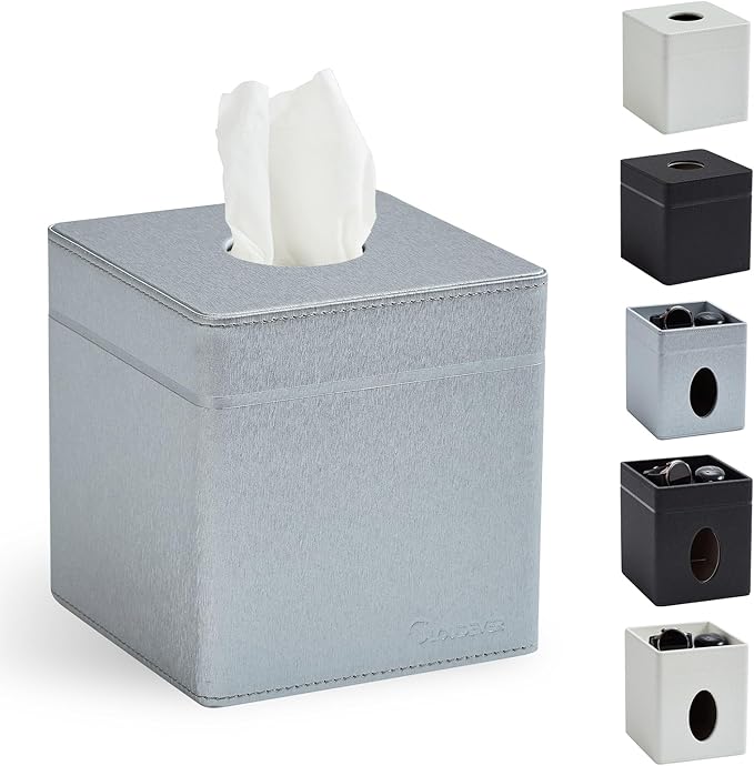 Cloudever Tissue Box Holder Cover, Modern PU Leather Square Decorative Tissue Holder Organizer-Woven New Off White