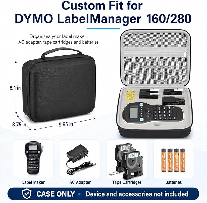 PAIYULE Case Compatible with DYMO Label Maker LabelManager 160/280 Portable Label Maker, Tag Printer Storage Organizer for AC Adapter, Tape Cartirdges and More Accessories(Box Only) Gray